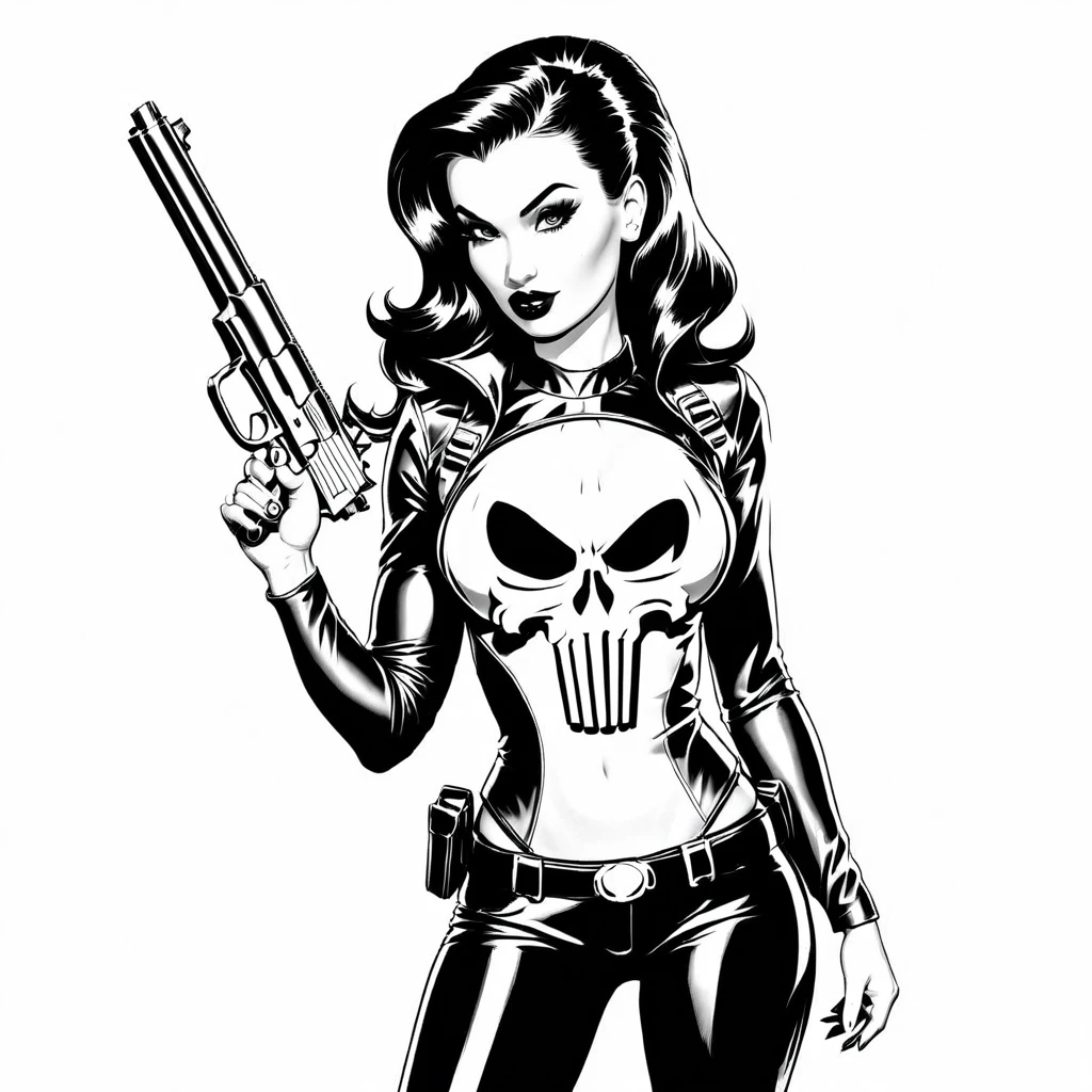 sexy pinup wearing a punisher shirt, coloring page, black and white, white background, entire body in shot, holding highly detailed gun