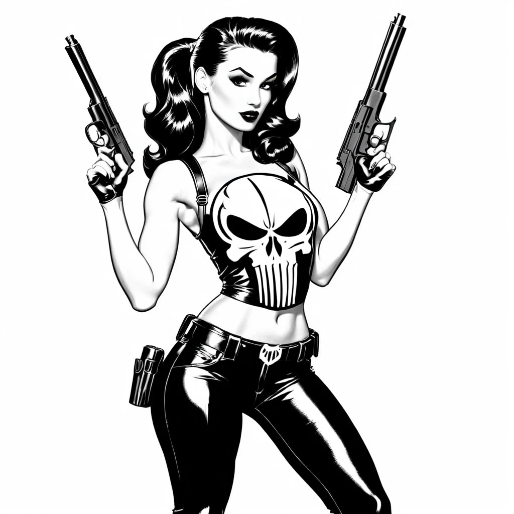 sexy pinup wearing a punisher shirt, coloring page, black and white, white background, entire body in shot, holding highly detailed gun