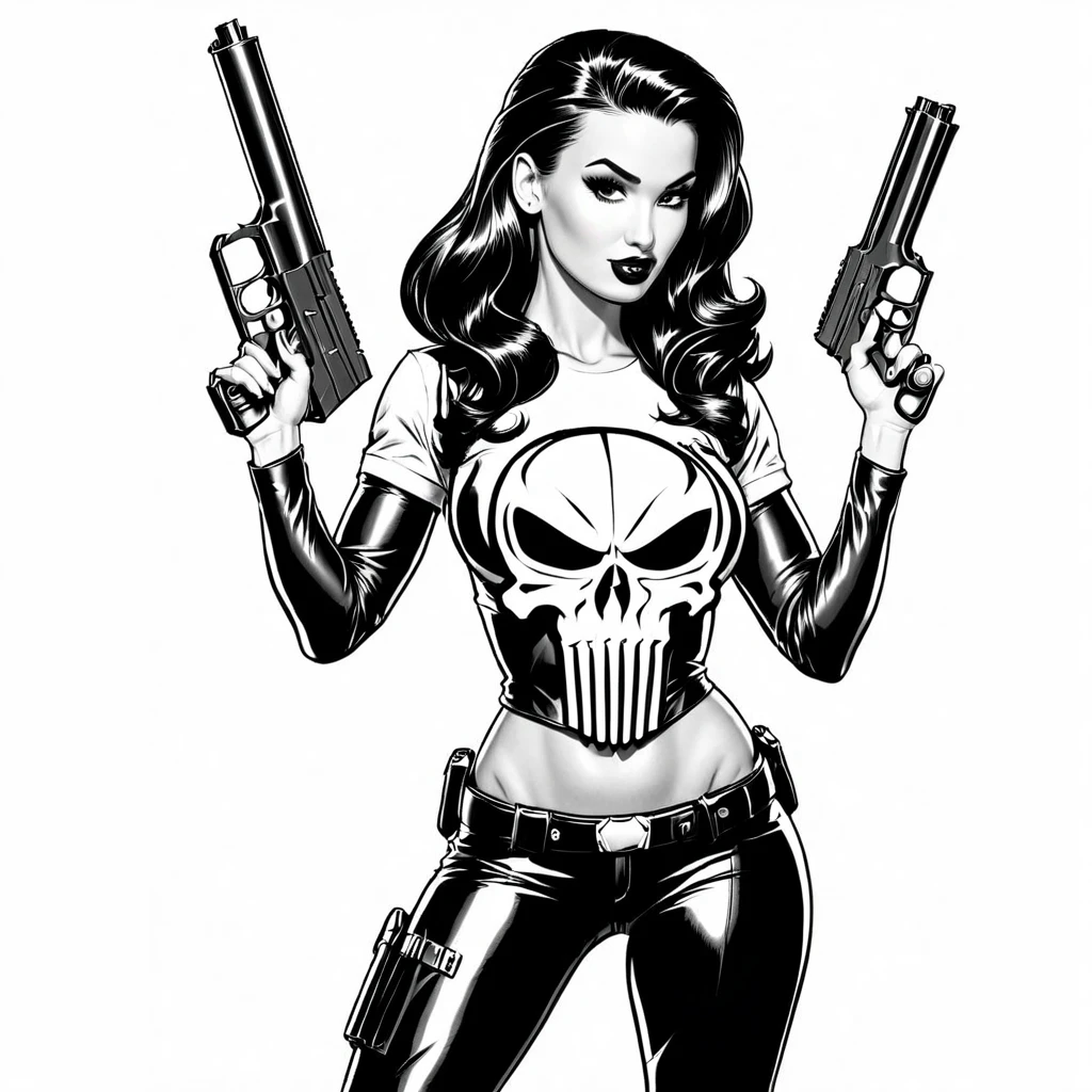 sexy pinup wearing a punisher shirt, coloring page, black and white, white background, entire body in shot, holding highly detailed gun