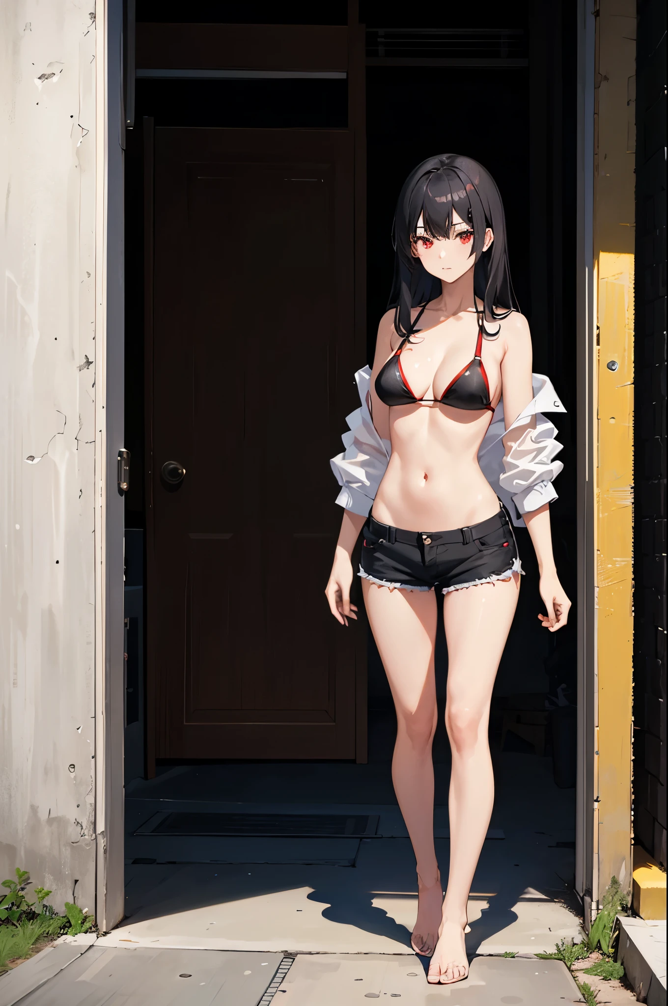 1woman, black hair, red eyes, bikini top, shorts, standing on ground, high res, ultra sharp, 8K, masterpiece