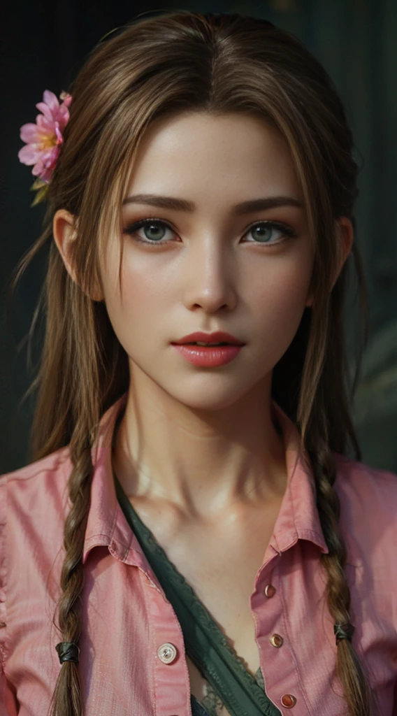 Aerith, green eyes, (best quality, ultra-detailed), (realistic:1.37), beautiful and detailed face, ultra-realistic texture, delicate face, delicate body, red lipstick, bright colors. High definition, 8K