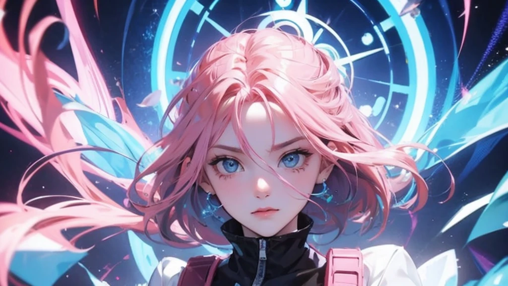 pink  hair, Woman, algebraic symbols, technology around, fly away, embarrassed face, blue eyes