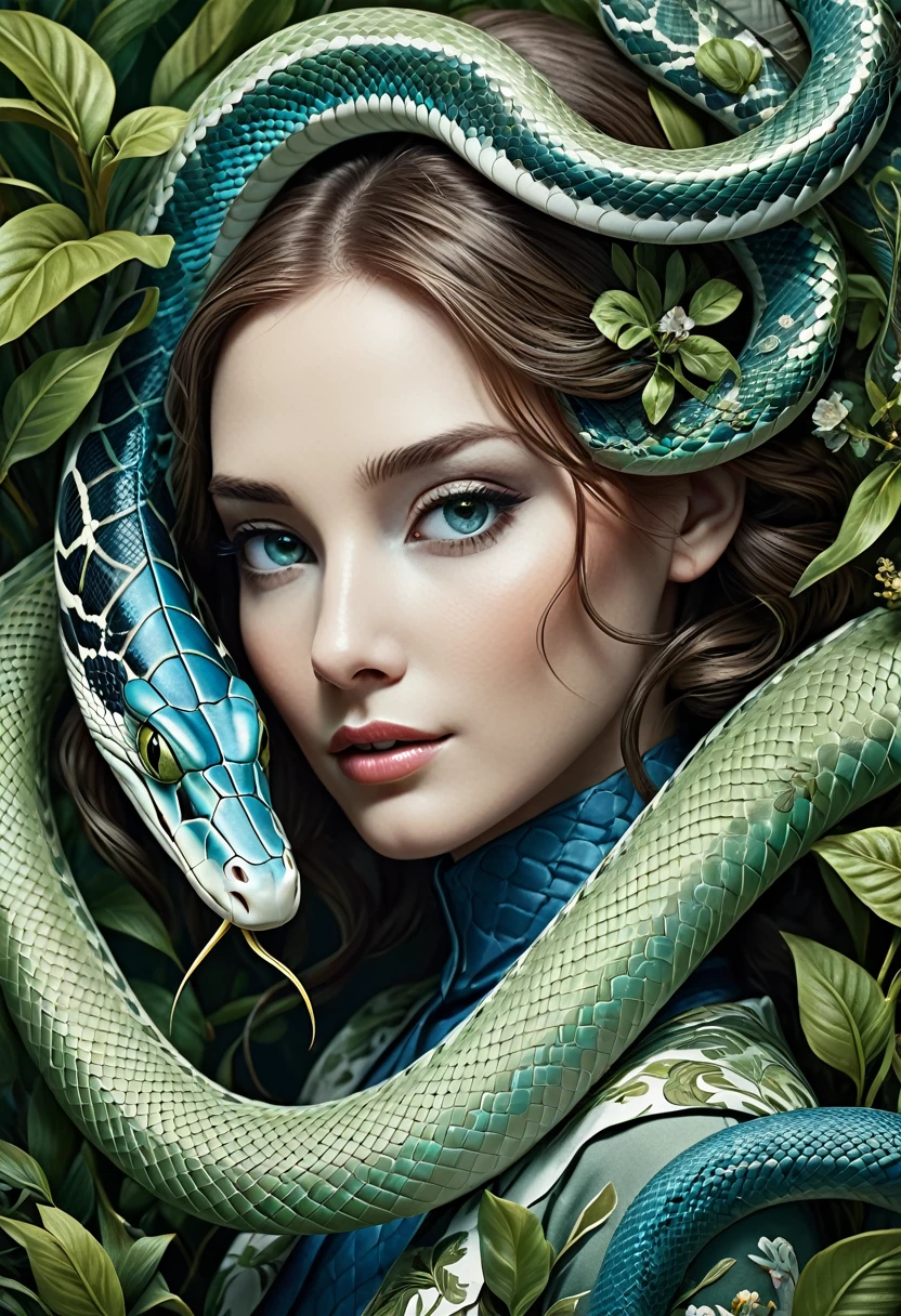 mechanical snakes，lifelike，Anthropomorphic snakes，Character setting，Delicate face，Ultra-detailed graphics，8K，magazine cover，Floral background decoration，Strong color contrast，Darker color，Blue, green and white
