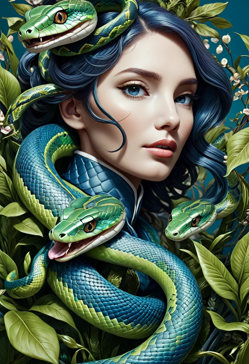 mechanical snakes,lifelike,Anthropomorphic snakes,Character setting,Delicate face,Ultra-detailed graphics,8K,magazine cover,Floral background decoration,Strong color contrast,Darker color,Blue, green and white