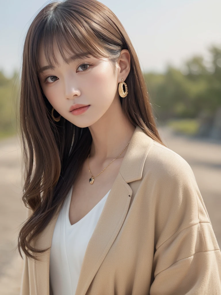 ((Highest quality, 8K, masterpiece:1.3)), concentrate: 1.2, Perfect body beauty: 1.4, Hips: 1.2, ((Long Hair, chest: 1.2)), (Dry clothes: 1.1) , (clear, Simple Background:1.3), Simple clothes: 1.1, Highly detailed face and skin texture,Delicate eyes, double eyelid, Whitened skin, Rough skin、Long Hair、Earrings with bangs、necklace、 solo、Beige coat、White shirt, (((Beautiful girl with cute Japan)))、 ((Beautiful Japanese girl 20 years old))、 ((Baby Face))、 (((Slender body)))、 Upper Body,Face focus、necklace,Simple Background,From above, Realistic Hair、 A photograph was taken:Canon EOS R6、135mm、1/1250 seconds、f2.8、ISO400、(Detailed explanation of the hand)、(Masseter muscle area)、(Exquisite CG)、Long Hair, loose and curly hair、Korean Hair、Long Hair明るいベージュ色、グラデーションハイライトグレージュのゆるふわLong Hairスタイル、