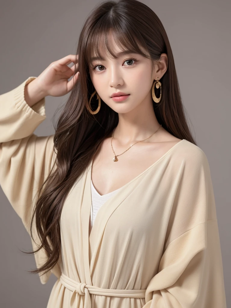 ((Highest quality, 8K, masterpiece:1.3)), concentrate: 1.2, Perfect body beauty: 1.4, Hips: 1.2, ((Long Hair, chest: 1.2)), (Dry clothes: 1.1) , (clear, Simple Background:1.3), Simple clothes: 1.1, Highly detailed face and skin texture,Delicate eyes, double eyelid, Whitened skin, Rough skin、Long Hair、Earrings with bangs、necklace、 solo、Beige coat、White shirt, (((Beautiful girl with cute Japan)))、 ((Beautiful Japanese girl 20 years old))、 ((Baby Face))、 (((Slender body)))、 Upper Body,Face focus、necklace,Simple Background,From above, Realistic Hair、 A photograph was taken:Canon EOS R6、135mm、1/1250 seconds、f2.8、ISO400、(Detailed explanation of the hand)、(Masseter muscle area)、(Exquisite CG)、Long Hair, loose and curly hair、Korean Hair、Long Hair明るいベージュ色、グラデーションハイライトグレージュのゆるふわLong Hairスタイル、