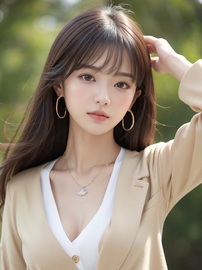 ((Highest quality, 8K, masterpiece:1.3)), concentrate: 1.2, Perfect body beauty: 1.4, Hips: 1.2, ((Long Hair, chest: 1.2)), (Dry clothes: 1.1) , (clear, Simple Background:1.3), Simple clothes: 1.1, Highly detailed face and skin texture,Delicate eyes, double eyelid, Whitened skin, Rough skin、Long Hair、Earrings with bangs、necklace、 solo、Beige coat、White shirt, (((Beautiful girl with cute Japan)))、 ((Beautiful Japanese girl 20 years old))、 ((Baby Face))、 (((Slender body)))、 Upper Body,Face focus、necklace,Simple Background,From above, Realistic Hair、 A photograph was taken:Canon EOS R6、135mm、1/1250 seconds、f2.8、ISO400、(Detailed explanation of the hand)、(Masseter muscle area)、(Exquisite CG)、Long Hair, loose and curly hair、Korean Hair、Long Hair明るいベージュ色、グラデーションハイライトグレージュのゆるふわLong Hairスタイル、
