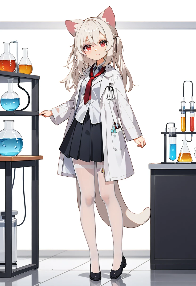 masterpiece, highest quality, highest resolution, clear_image, detailed details, White hair, long hair, cat ears, 1 girl, red eyes, white lab coat (with a black short skirt), white pantyhose, white scarf (around the neck), cute, full body, no water marks, laboratory, no extra limps, no extra body, see through clothing