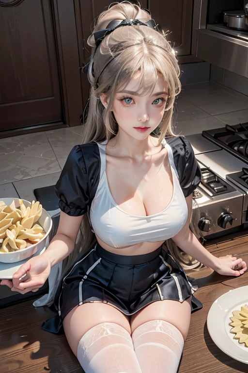 (dynamic angle:1.3, front view:1.1, breast focus:1.3, from above:1.1), (dynamic posing:1.2, sexy posing:1.2), (seductive smiling:1.3), ((holding Pasta on a plate,Taking the pasta out of the pan, worried about the outcome:1.2)),highest quality、(real、photorealistic:1.4),(ultra high resolution, 8K RAW photo, clear focus), best qualtiy, natural lighting, field depth, (Bright pupils, detailed beautiful eyes, high detailed face), Red lip, (tight focus:1.2), a girl 22yo old, Wearing a pastry chef uniform:1.3 , Thicc, thin breast, long hair, blue eyes,garter stocking, cleavage:1.2, midriff, black shorts, black thighhighs, thigh strap, pretty girl, (highly detailed beautiful face and eyes,firm breasts),real skin,((black,hair,long pony tail hair)),thin pubic hair,cute,lovely, detailed eyes,(double breasted:1.0,under bust:1.0),(with sparkling eyes and a contagious smile),open mouth, Looking at Viewer,A scene of make cooking Cakes in the kitchen
