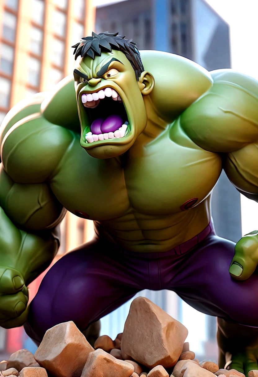 (best quality,4k,8k,Alto,master part:1.2),ultra-detalhado,(Realistic,fotorrealista,photo-realistic:1.37),Hulk,quadrinhos da marvel,corpo forte e musculoso,roupas rasgadas,pele verde,angry expression,punhos cerrados,Massive appearance,poder destrutivo,marvel superhero,Centro de Manhattan,Nova Iorque,skyscrapers in the background,atmosfera escura e intensa,dramatic lighting,arte em quadrinhos,explosive action,dinamic poses,cores vibrantes,wreckage destroyed,fury and power emanating from the Hulk,intensidade emocionalmente carregada,action-packed scene,epic showdown,sensational illustration. wolf teeths 