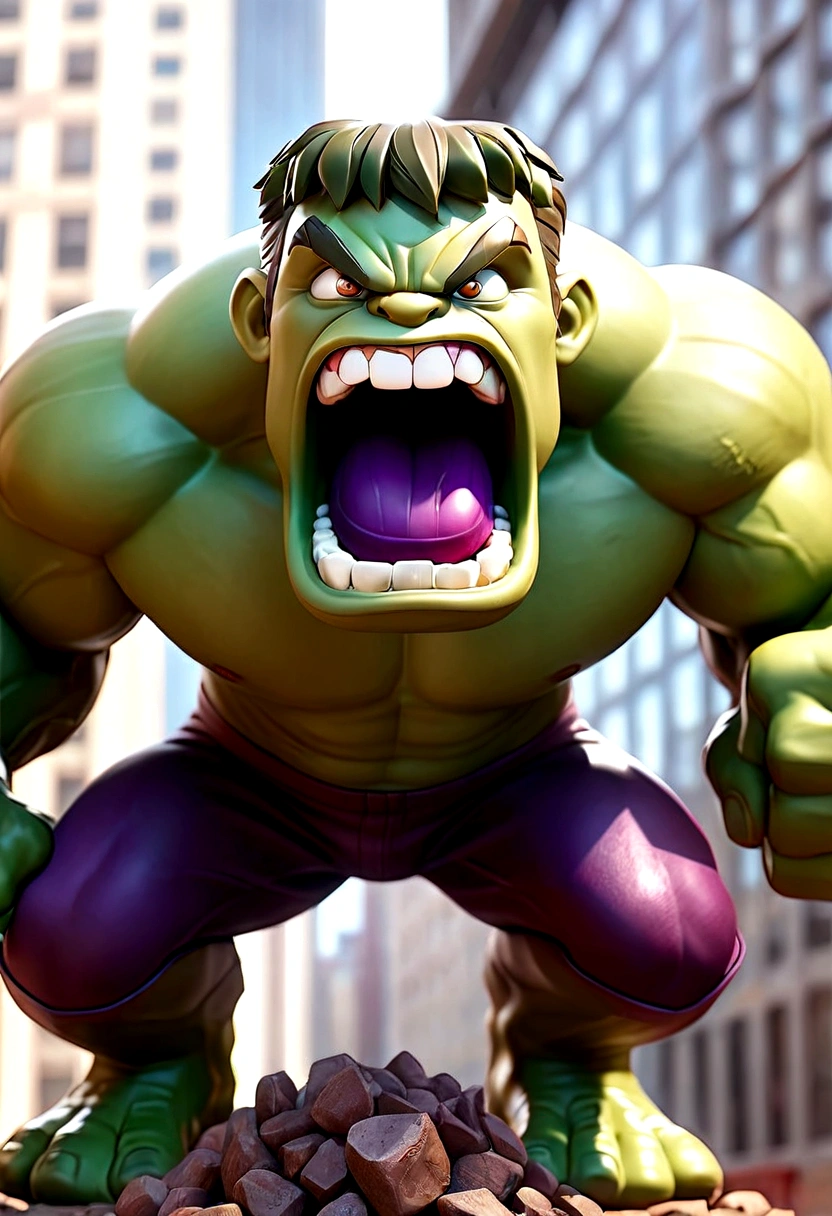 (best quality,4k,8k,Alto,master part:1.2),ultra-detalhado,(Realistic,fotorrealista,photo-realistic:1.37),Hulk,quadrinhos da marvel,corpo forte e musculoso,roupas rasgadas,pele verde,angry expression,punhos cerrados,Massive appearance,poder destrutivo,marvel superhero,Centro de Manhattan,Nova Iorque,skyscrapers in the background,atmosfera escura e intensa,dramatic lighting,arte em quadrinhos,explosive action,dinamic poses,cores vibrantes,wreckage destroyed,fury and power emanating from the Hulk,intensidade emocionalmente carregada,action-packed scene,epic showdown,sensational illustration. wolf teeths 