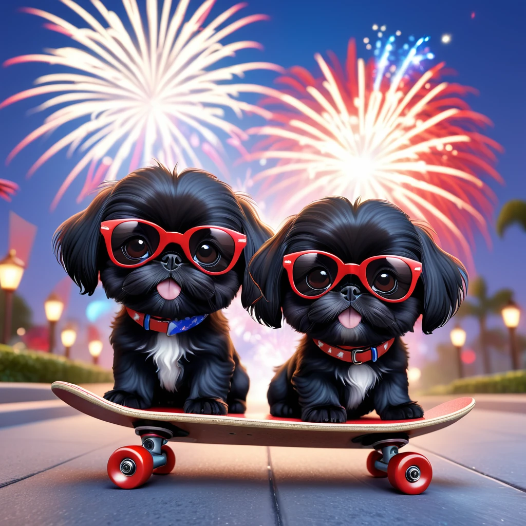 2 Adorable small black Shih Tzu puppies, wearing red sunglasses riding a skateboard on a sidewalk, red white and blue firework background 3d cartoon, 3d render, disney pixar style
