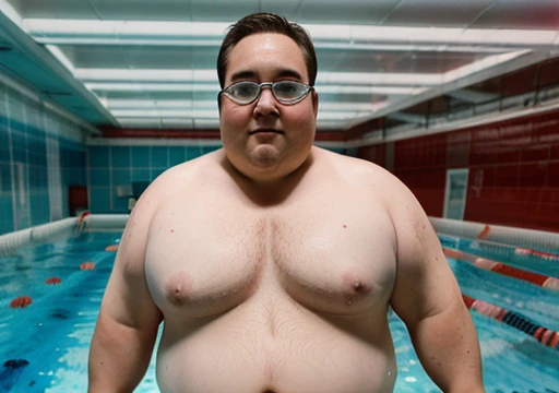 Wearing transparent red prescription glasses,(((He is very chubby and has a white Speedo, in a huge swimming room he wears no clothes, ))), Inside the spacecraft. Full body photography Full body photography