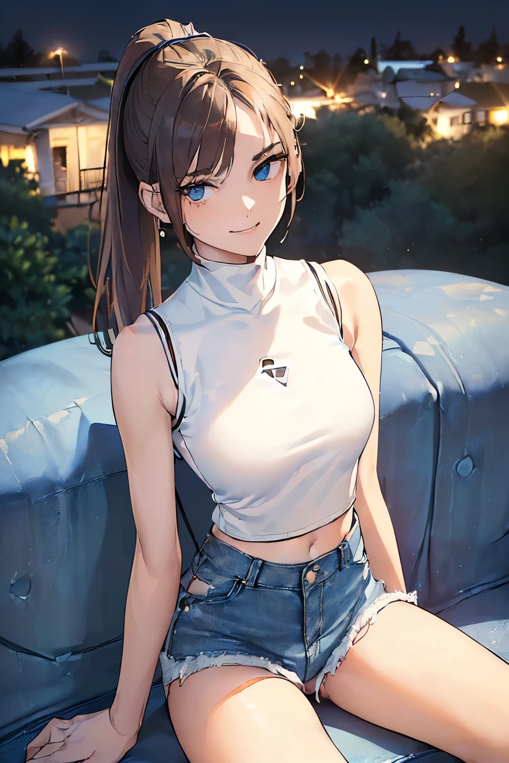 ((best quality)), ((masterpiece)), ((detailed)), (((perfect face))), (((slender 18yo age girl))), (((((tight sleeveless white shirt))))), ((((skin-tight shirt)))), (((midriff))), (((bare arms))), (((bare shoulders))), ((((cut off denim shorts)))), ((dark brown hair)), ((short ponytail)), (((blue eyes))), ((smiling)), (((sitting on seat))), ((((suburban backyard, night time)))), ((((detailed background)))), (((slender thighs))), (((view from above)))