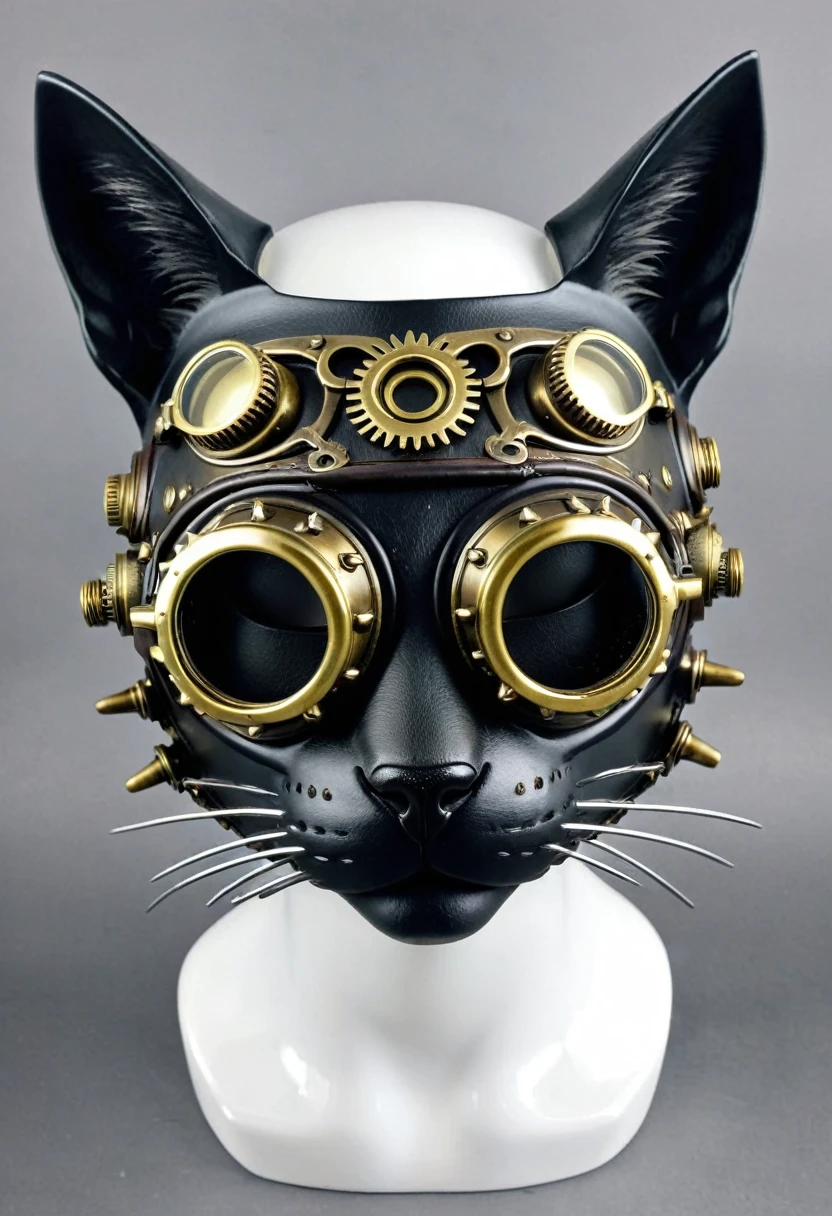 Steampunk cat mask with gears and brass goggles