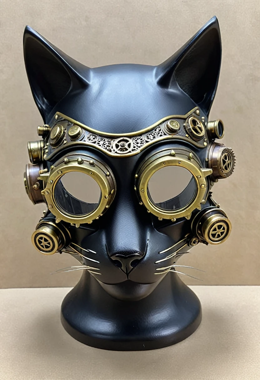 Steampunk cat mask with gears and brass goggles