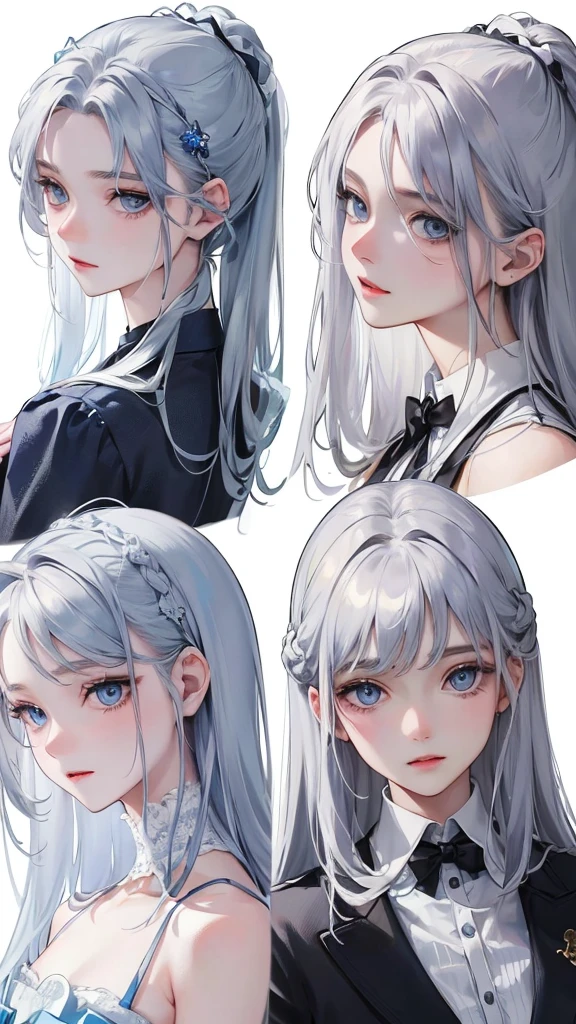 (Top resolution、Distinct_image)top-quality、femele、​masterpiece、highly detailed、Semi-realistic、blue  eyes、18year old、young、smart Casual clothing、Exquisite facial features、Facial features、unique hairstyle, variations, potrait, white background,   Silver hair