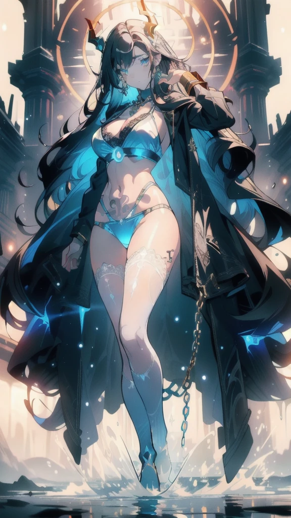 ((masterpiece, best quality)), Epic battlefield atmosphere,Delicate face,Succubus,whole body,Standing picture,glowing golden eyes,Large Breasts,Gradient white long wavy hair,Perfect body proportions,Pure white background,Fluorescence,firefly,Water Ripples,Lace,Transparent sex bikini,Tattoo,chain