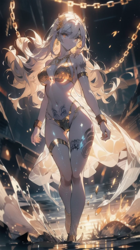 ((masterpiece, best quality)), Epic battlefield atmosphere，Delicate face，Succubus，whole body，Standing picture，glowing golden eyes，Large Breasts，Gradient white long wavy hair，Perfect body proportions，Pure white background，Fluorescence，firefly，Water Ripples，Lace，Transparent sex bikini，Tattoo，chain