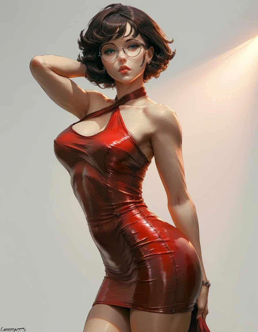 a woman fitness in a short red latex skirt and round glasses, short hair posing for a photo, a hyperrealistic anime girl, hyperrealistic, cutesexyrobutts, realistic and seductive, backlit, curved, ecchi, ecchi anime style, oppai, cute anime girl squatting, style ecchi, pouting, anime, Realism, anatomically correct, super detail, high quality, 4K, textured skin, high resolution