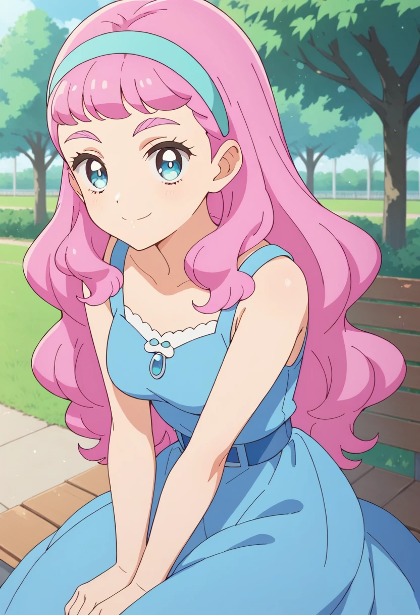 score_9, score_8_up, score_7_up, 1girl, Laura la Mer, pink hair, blue eyes, pink eyebrows, long hair, blue hairband, smile, blue dress, sitting, outdoors, park, looking at viewer,