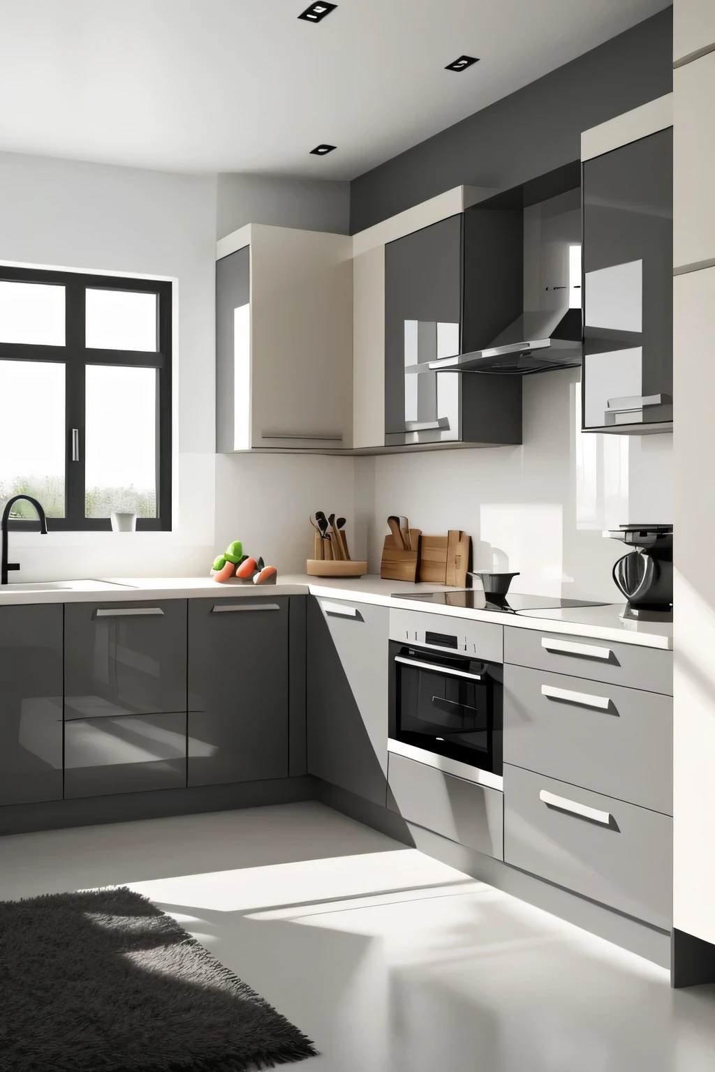 Professional 3d architecture rendering design of modern and minimal kitchen with  light mink gray  color and thunder gray   color and light cream color  and black color and Nescafé color