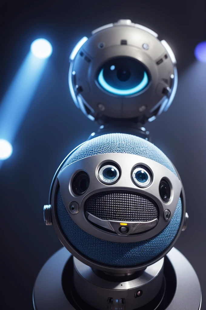 A microphone with eyes surrounded by aliens
