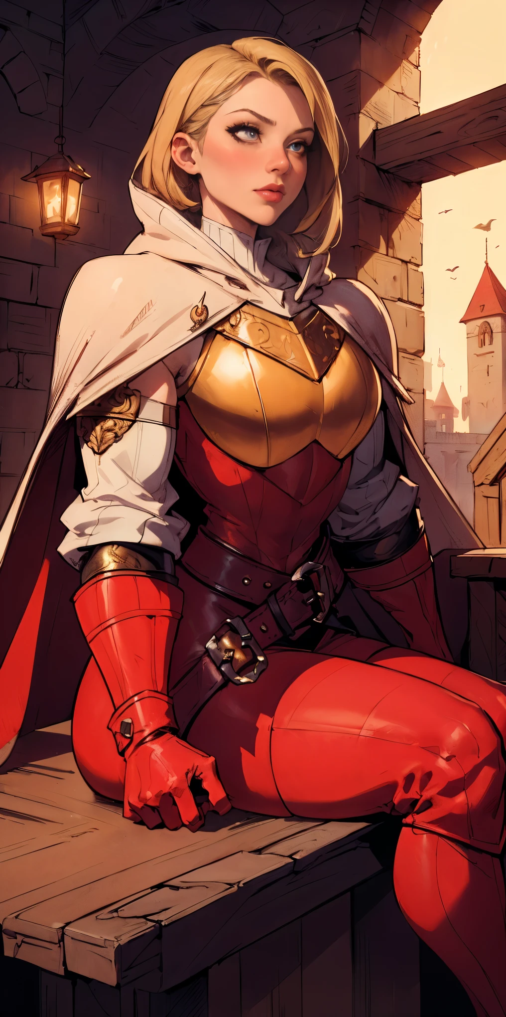 (masterpiece, best quality, absurdness, 4k, aesthetic, detailed, intricate, perfect lighting) cinematic angle, 1sologirl, sitting on throne, elbow rest, castle interior, mask, hood, cape, belt, armor, cloak, red gloves gauntlets, bkcrown