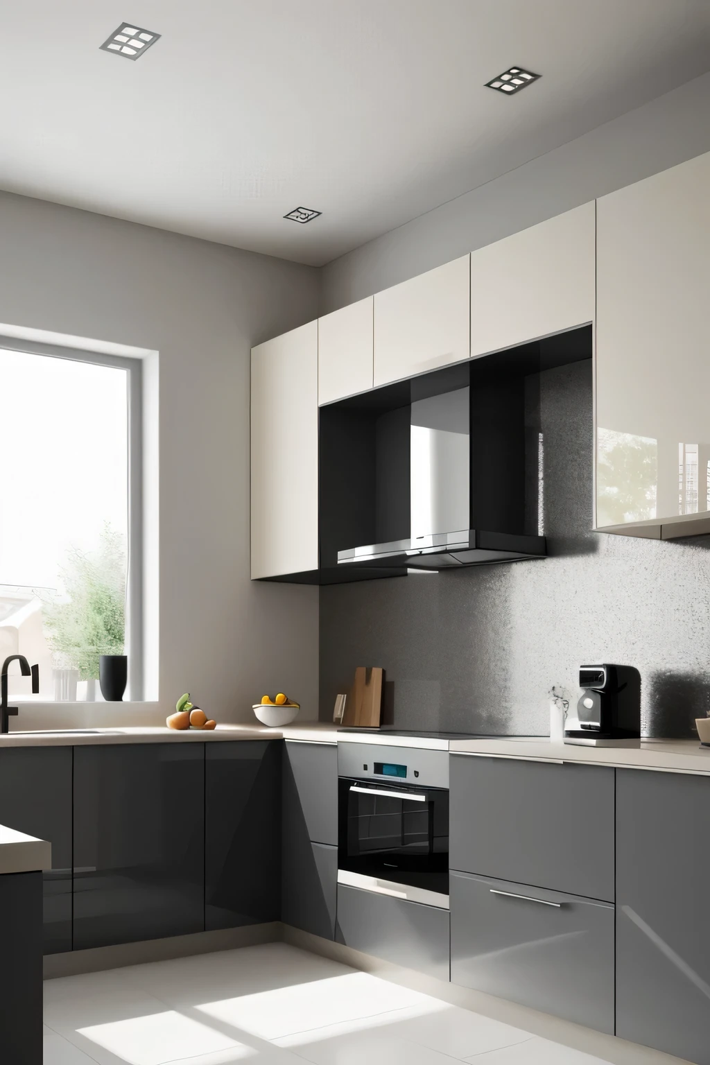 Professional 3d architecture rendering design of modern and minimal kitchen with light mink gray color and thunder gray color and light cream color and black color and Nescafé color