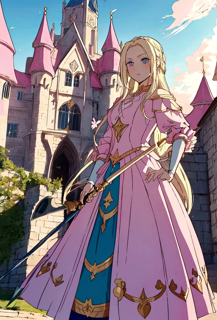 anime styling, best qualityer, White girl, long  hair, blonde hair with pink shine, princesselise, dress in colors: offwhite, pink and gold, holding a rapier, tails, Medieval theme, castle background scenery, blue colored eyes, facefocus
