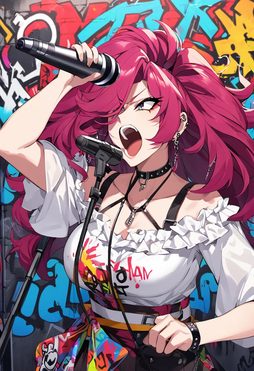 naughty man , big hair, microphone on the waist, aretes, piercing, blouse, neck straps, graffit, rapping