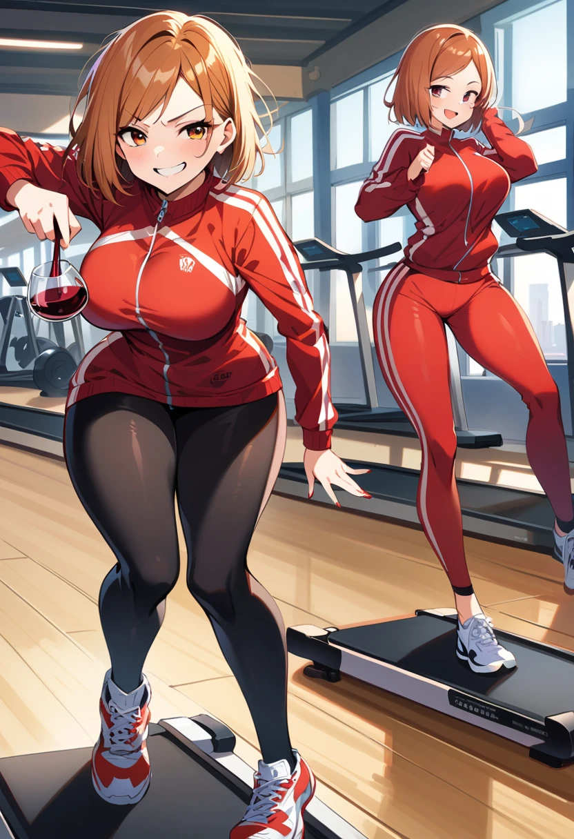 nobara kugisaki,sport clothing,gym, leggings, large ass,large breasts ,ftont look, mocking smile,seductive face,red nails ,messy hair, pleasure face,smiling, detailed face, detailed eyes, wine in hand,looking at teathre performance ,running on treadmill