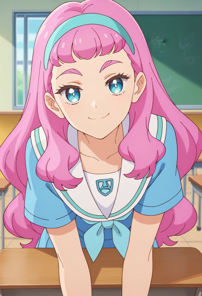 score_9, score_8_up, score_7_up, 1girl, Laura la Mer, pink hair, blue eyes, pink eyebrows, long hair, blue hairband, smile, smug, , serafuku, standing, classroom, narrowed eyes, looking at viewer, bent over, leaning on desk, pov,