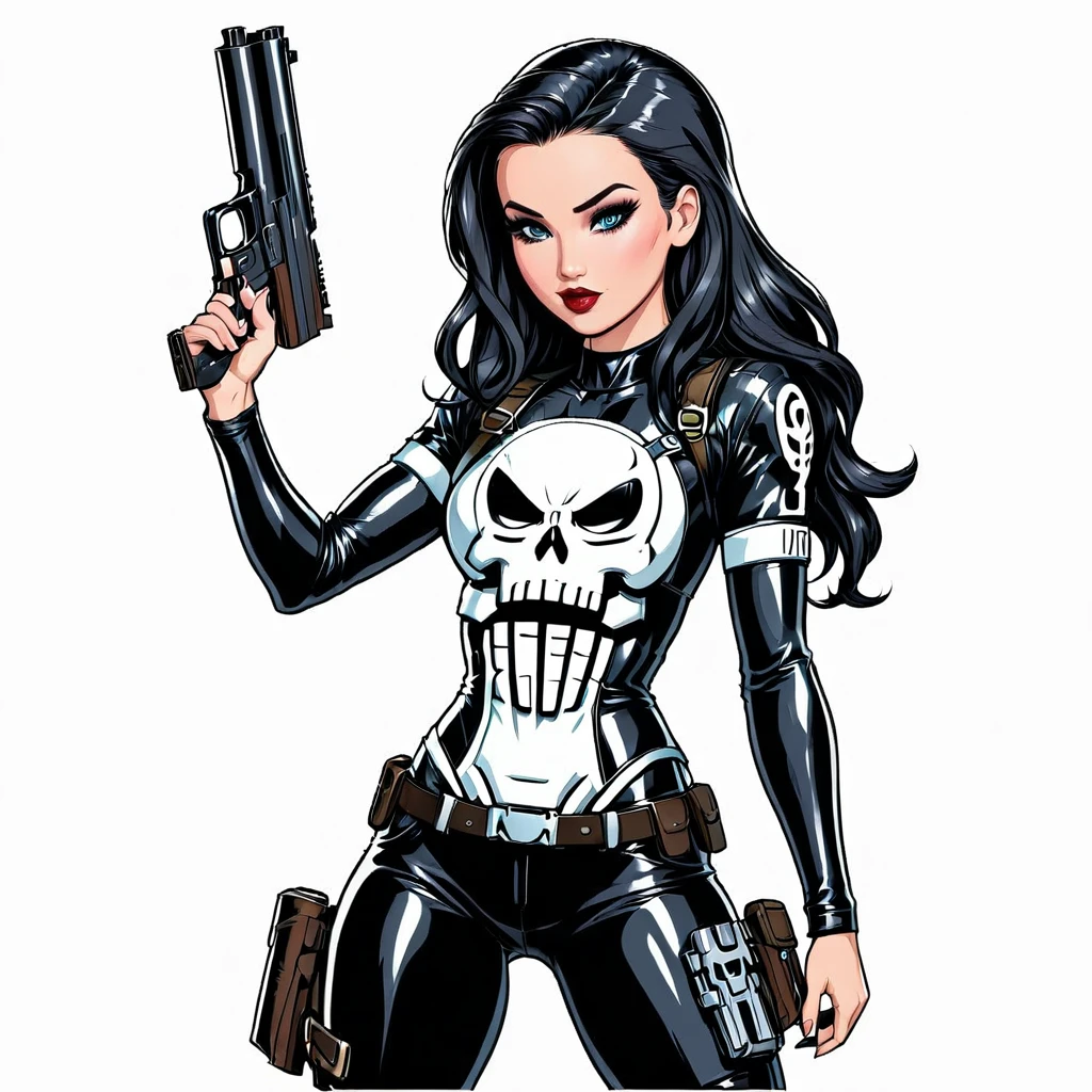 sexy pinup wearing a punisher shirt, coloring page, black and white, white background, entire body in shot, holding highly detailed gun