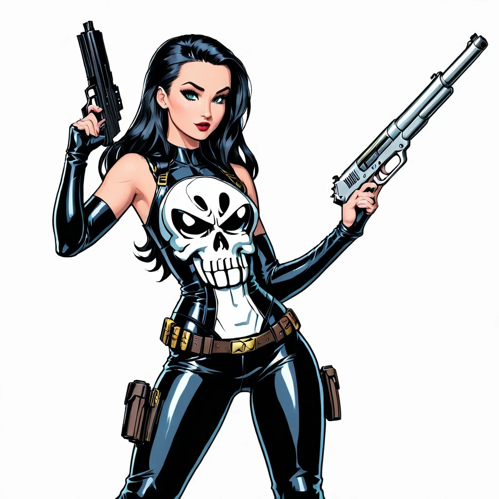 sexy pinup wearing a punisher shirt, coloring page, black and white, white background, entire body in shot, holding highly detailed gun