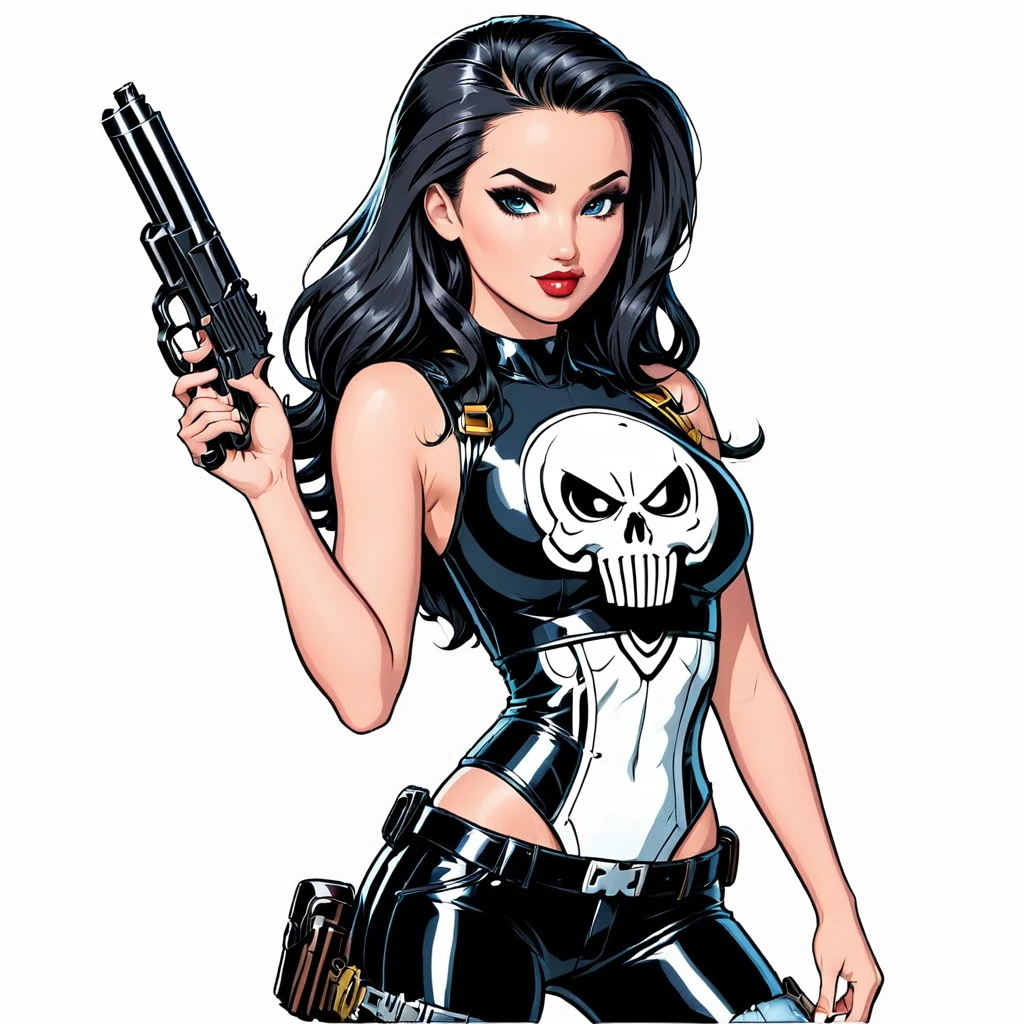 sexy pinup wearing a punisher shirt, coloring page, black and white, white background, entire body in shot, holding highly detailed gun