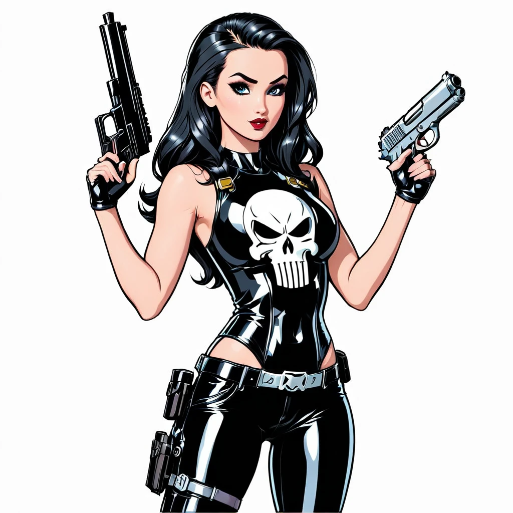 sexy pinup wearing a punisher shirt, coloring page, black and white, white background, entire body in shot, holding highly detailed gun