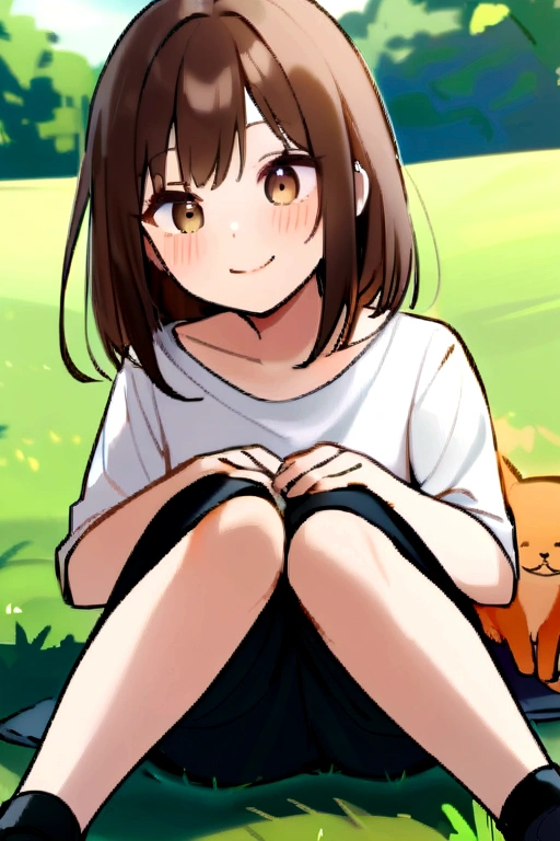 drawing of a girl with long dark brown hair, light brown eyes, with a smiling expression on her face, wearing a white shirt and a black sweatpants, sitting on the grass floor in her legs, she has an orange cat and the girl He is petting a medium-sized white dog with an orange spot on his face, in a park background