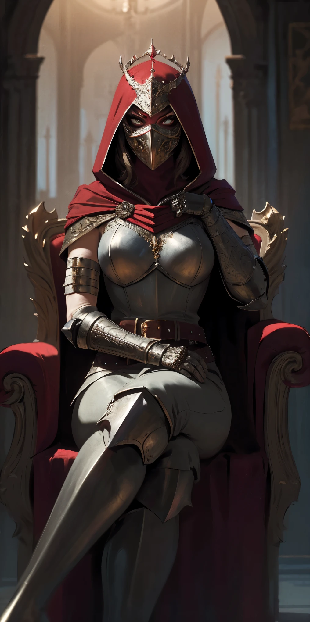 (masterpiece, best quality, absurdness, 4k, aesthetic, detailed, intricate, perfect lighting) cinematic angle, 1sologirl, sitting on throne, elbow rest, castle interior, mask, hood, cape, belt, armor, cloak, red gloves gauntlets, bkcrown