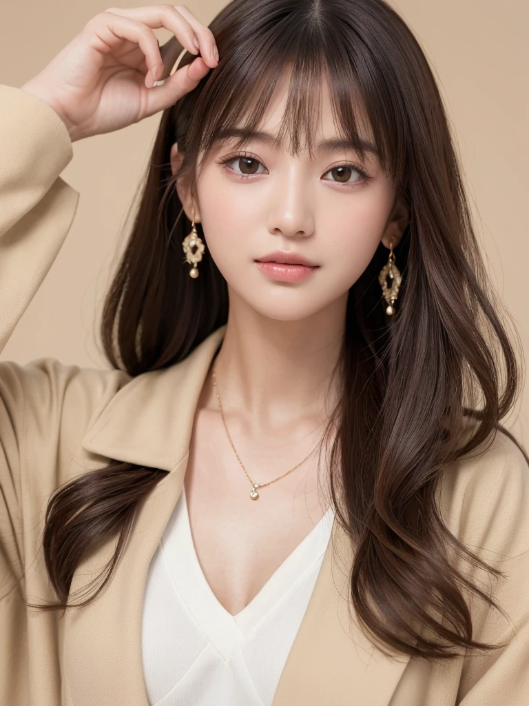 ((Highest quality, 8K, masterpiece:1.3)), concentrate: 1.2, Perfect body beauty: 1.4, Hips: 1.2, ((Long Hair, chest: 1.2)), (Dry clothes: 1.1) , (clear, Simple Background:1.3), Simple clothes: 1.1, Highly detailed face and skin texture,Delicate eyes, double eyelid, Whitened skin, Rough skin、Long Hair、Earrings with bangs、necklace、 solo、Beige coat、White shirt, (((Beautiful girl with cute Japan)))、 ((Beautiful Japanese girl 20 years old))、 ((Baby Face))、 (((Slender body)))、 Upper Body,Face focus、necklace,Simple Background,From above, Realistic Hair、 A photograph was taken:Canon EOS R6、135mm、1/1250 seconds、f2.8、ISO400、(Detailed explanation of the hand)、(Masseter muscle area)、(Exquisite CG)、Long Hair, loose and curly hair、Korean Hair、Long Hair明るいベージュ色、グラデーションハイライトグレージュのゆるふわLong Hairスタイル、