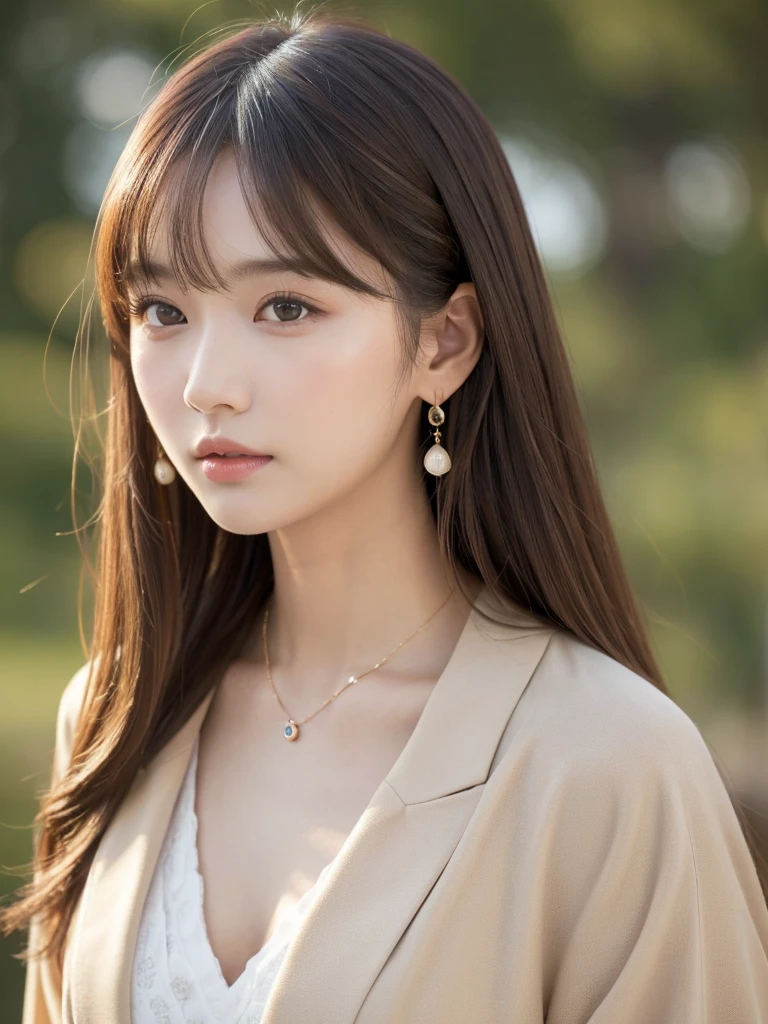  ((Highest quality, 8K, masterpiece:1.3)), concentrate: 1.2, Perfect body beauty: 1.4, Hips: 1.2, ((Long Hair, chest: 1.2)), (Dry clothes: 1.1) , (clear, Simple Background:1.3), Simple clothes: 1.1, Highly detailed face and skin texture,Delicate eyes, double eyelid, Whitened skin, Rough skin、Long Hair、Earrings with bangs、necklace、 solo、Beige coat、White shirt,  (((Beautiful girl with cute Japan)))、  ((Beautiful Japanese girl 20 years old))、 ((Baby Face))、 (((Slender body)))、  Upper Body，Face focus、necklace，Simple Background，From above， Realistic Hair、 A photograph was taken:Canon EOS R6、135mm、1/1250 seconds、f2.8、ISO400、(Detailed explanation of the hand)、(Masseter muscle area)、(Exquisite CG)、Long Hair, loose and curly hair、Korean Hair、Long Hair明るいベージュ色、グラデーションハイライトグレージュのゆるふわLong Hairスタイル、