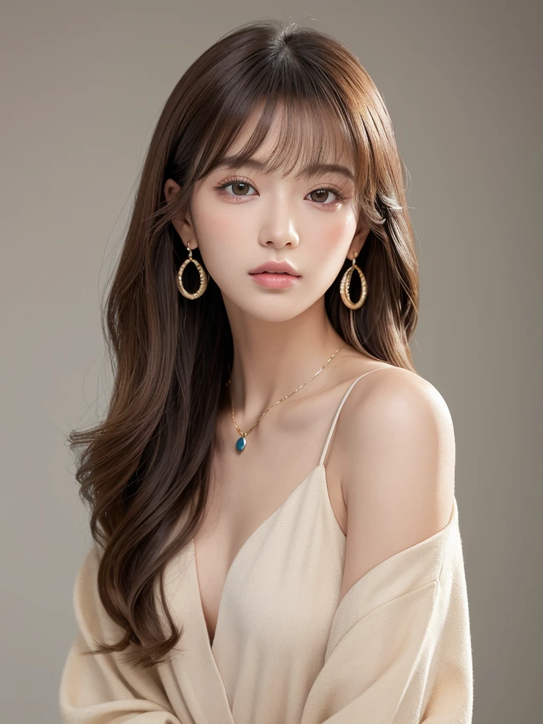 ((Highest quality, 8K, masterpiece:1.3)), concentrate: 1.2, Perfect body beauty: 1.4, Hips: 1.2, ((Long Hair, chest: 1.2)), (Dry clothes: 1.1) , (clear, Simple Background:1.3), Simple clothes: 1.1, Highly detailed face and skin texture,Delicate eyes, double eyelid, Whitened skin, Rough skin、Long Hair、Earrings with bangs、necklace、 solo、Beige coat、White shirt, (((Beautiful girl with cute Japan)))、 ((Beautiful Japanese girl 20 years old))、 ((Baby Face))、 (((Slender body)))、 Upper Body,Face focus、necklace,Simple Background,From above, Realistic Hair、 A photograph was taken:Canon EOS R6、135mm、1/1250 seconds、f2.8、ISO400、(Detailed explanation of the hand)、(Masseter muscle area)、(Exquisite CG)、Long Hair, loose and curly hair、Korean Hair、Long Hair明るいベージュ色、グラデーションハイライトグレージュのゆるふわLong Hairスタイル、