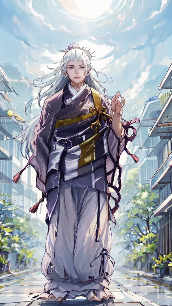 A HANDSOME, MANY, WHITE HAIRED MAN, WITH BLUE EYES, WEARING A RED KIMONO, NAMED "GOJO SATORU" IN A REALISTIC 4K-HDR VIEW, IS STANDING IN THE MIDDLE OF A BEAUTIFUL CITY, WITH A SPRING FEEL.