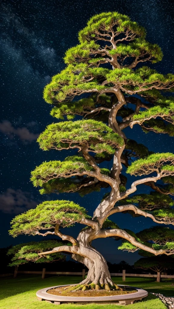 ancient and large mythical bonsai tree, with a mini-village surrounding it with yellow lights, starry night sky, foto realista 4k