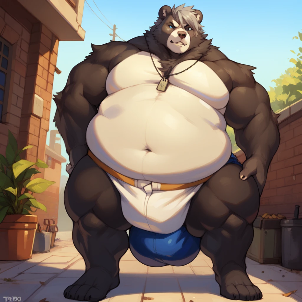 Epic Zootopia My Heroe Academia Character Monters Gluttons and dungeons, Bodybuilder, obese Medieval Fantasy, Real life, Anime serie, Anime character, Obese muscle Obese Sumo wrestler Werecats Kid, full body pic (obese, strong legs and arms) Sumo wrestler Werecats Kid. Obese muscle fat kid (bulky, wide, broad shoulders), Citizen obese Werecats kid, Solo, male, bear, chubby, musclegut, muscular, mature male, old, angry, frowning, black fur, blue eyes, grey hair, body hair, dog tags, tan cargo shorts, big bulge, alleyway, plants, by mystikfox61, by darkgem, by glitter trap boy, by bebebebebe