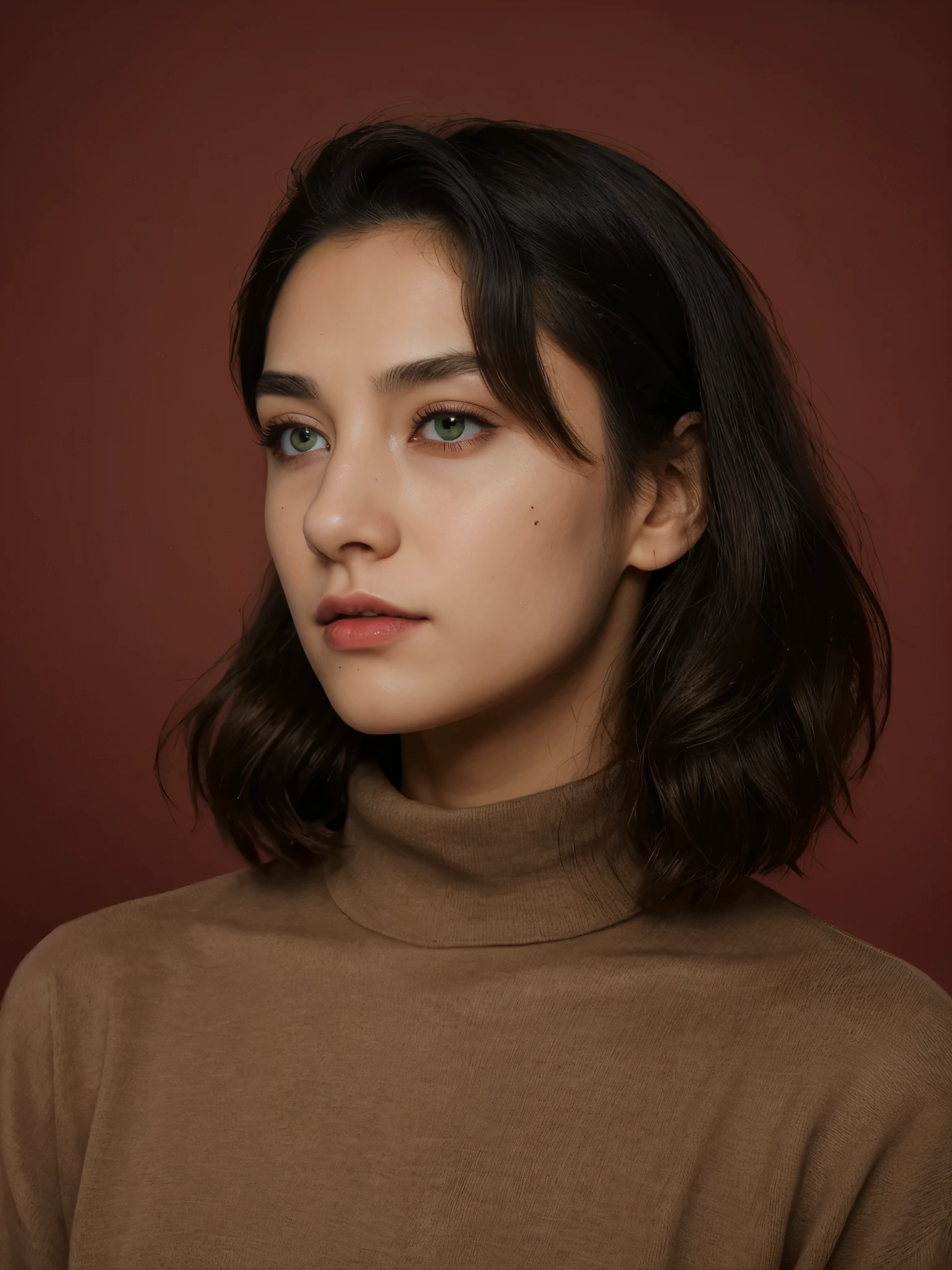 Best quality, masterpiece, ultra high res, (photorealistic:1.5), raw photo, 1 mature Greek girl, black turtleneck shirt, in the dark, deep shadow, low key, cold light, sexy look, black medium hair with bangs (((black hair))), green eyes, yin sanpaku eyes, eyeshadow, (((plain red background))), cinematic studio lighting