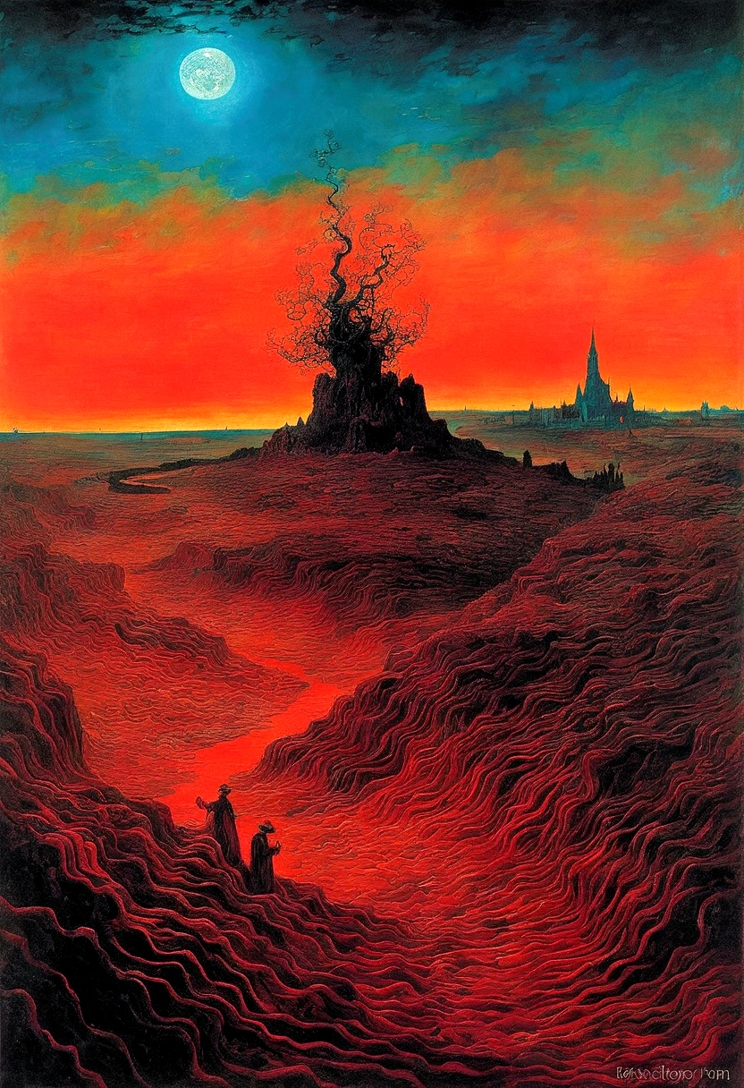 Mythical creatures, author：Zdzislaw Beksiński and Vincent Van Gogh, Album cover, romantic, Surrealism, Futuristic ,Smiling Corpse, Coral, Wizard, Abstracted, dark, red, landscape