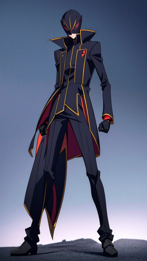 Male, ager, vigilante, wearing dark clothes, a coat, and a mask, athletic build, hands in pockets, standing at attention, nighttime setting, lone figure, facing viewer, fully in frame, full body shot, Code Geass style, codeGeass, CODEGEASS