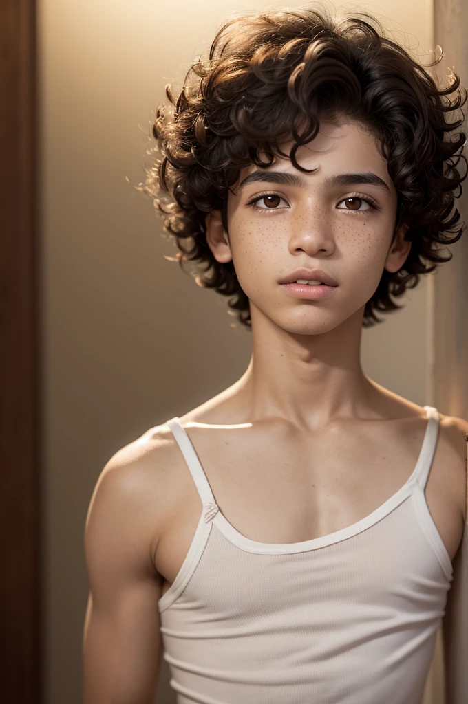 Alexander Vieira, a transgender and bisexual boy, with short and curly hair, with few freckles on the face, brown eyes like bitter coffee and mulatto skin/bunch. latino/brazileiro