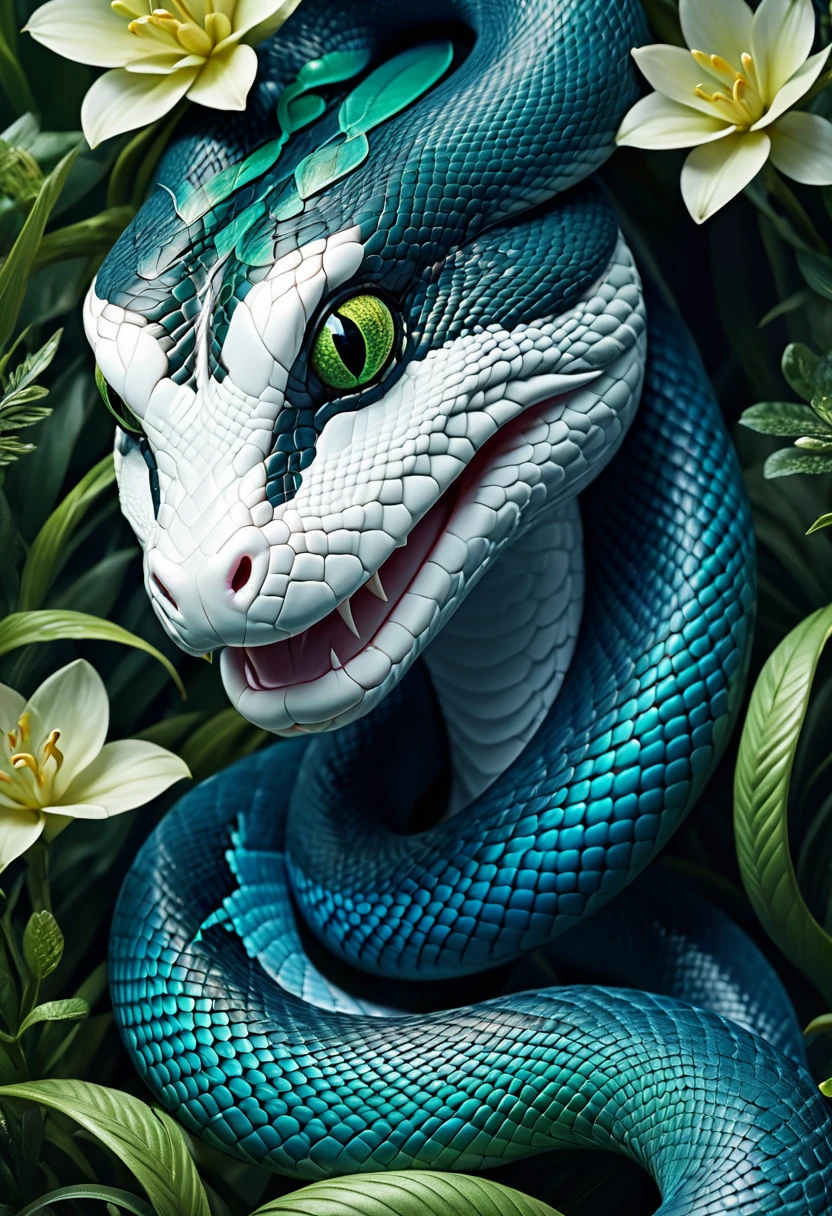 lifelike，Anthropomorphic snakes，Character setting，Delicate face，Ultra-detailed graphics，8K，magazine cover，Floral background decoration，Strong color contrast，Darker color，Blue, green and white